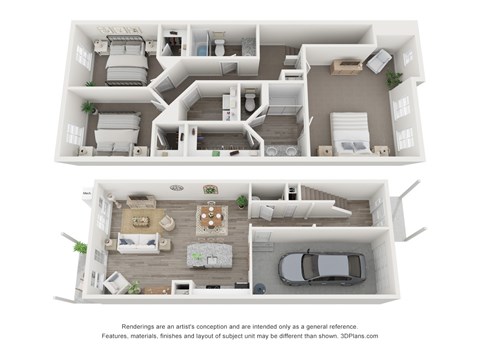 A 3D floor plan of a two-story house with a living room, dining room, kitchen, and bedrooms.